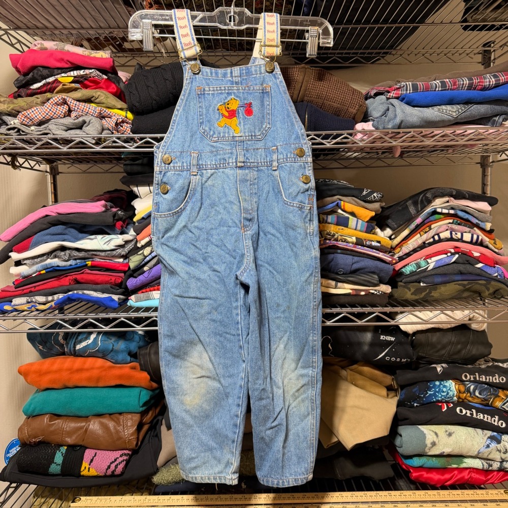 Vintage Disney Winnie The Pooh Denim Overalls Kids 4T Blue Embroidered Bibs